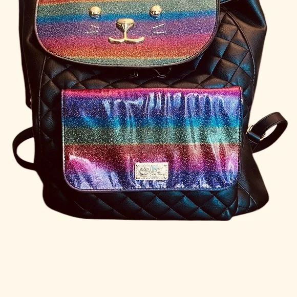 Betsey Johnson Quilted Cat Face Backpack Y2K Kawaii Coquette Glitter Rainbow Bag - Picture 2 of 16